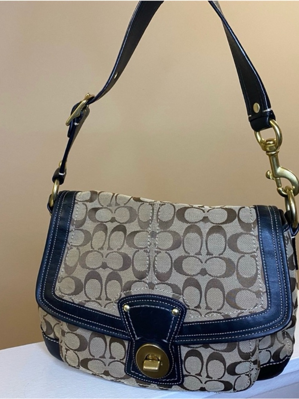 Coach Brown Khaki Canvas Black Leather Signature bag